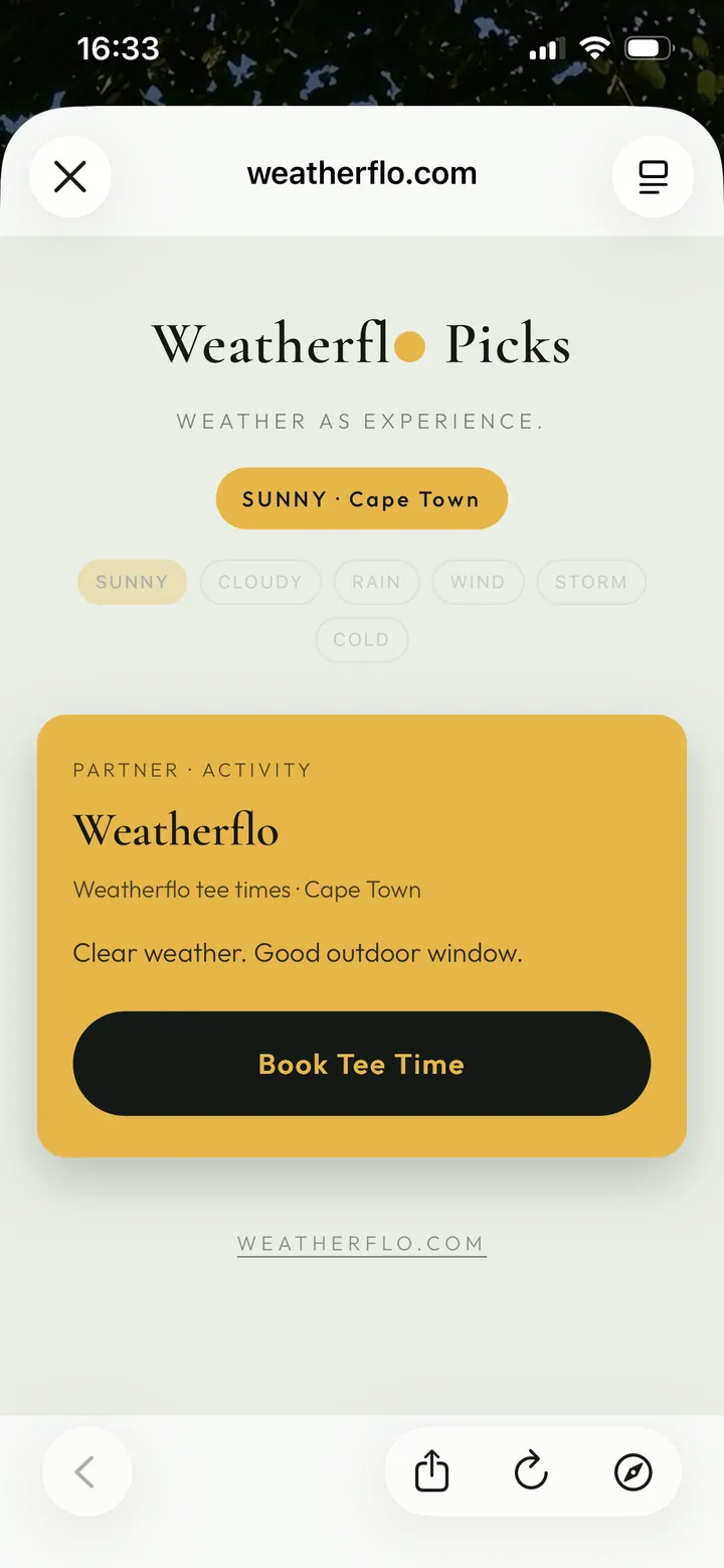 WeatherFlo Picks page showing Book Tee Time offer